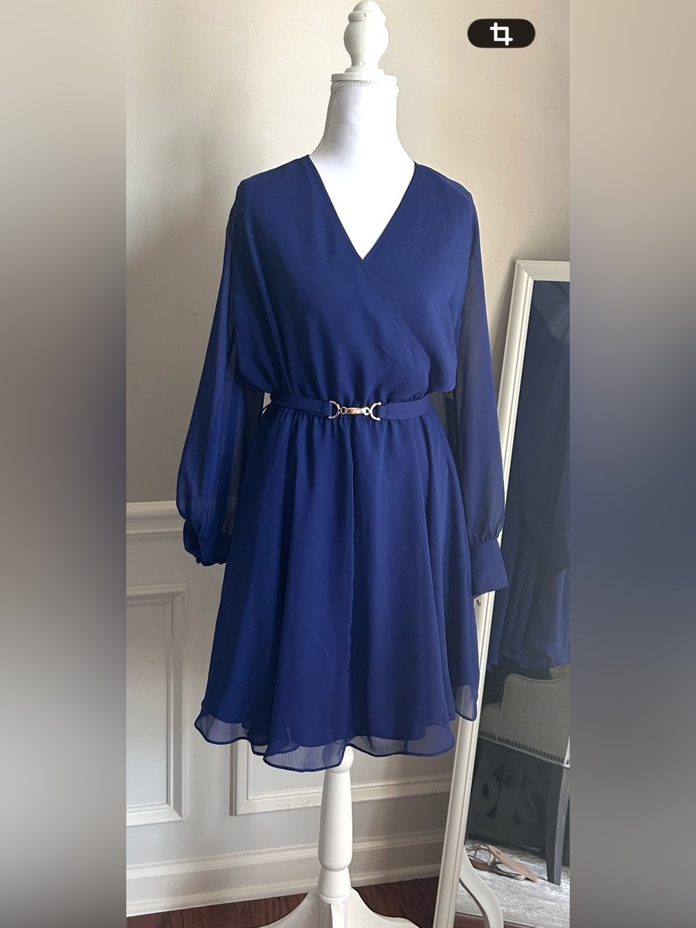 INC International Concepts Royal Blue Chiffon V-Neck Long Sleeve Dress